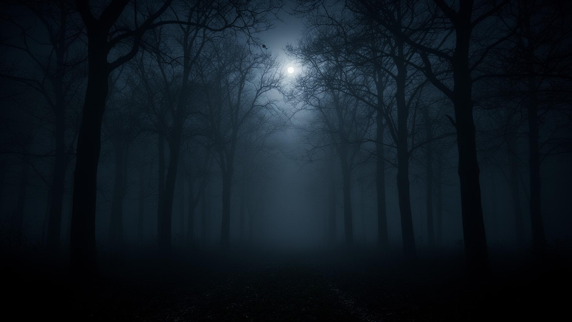 Foggy moonlit forest at midnight